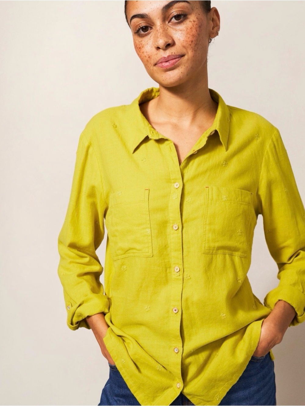 Boden Bright Chartreuse Linen Button-Front Shirt Women’s 2R